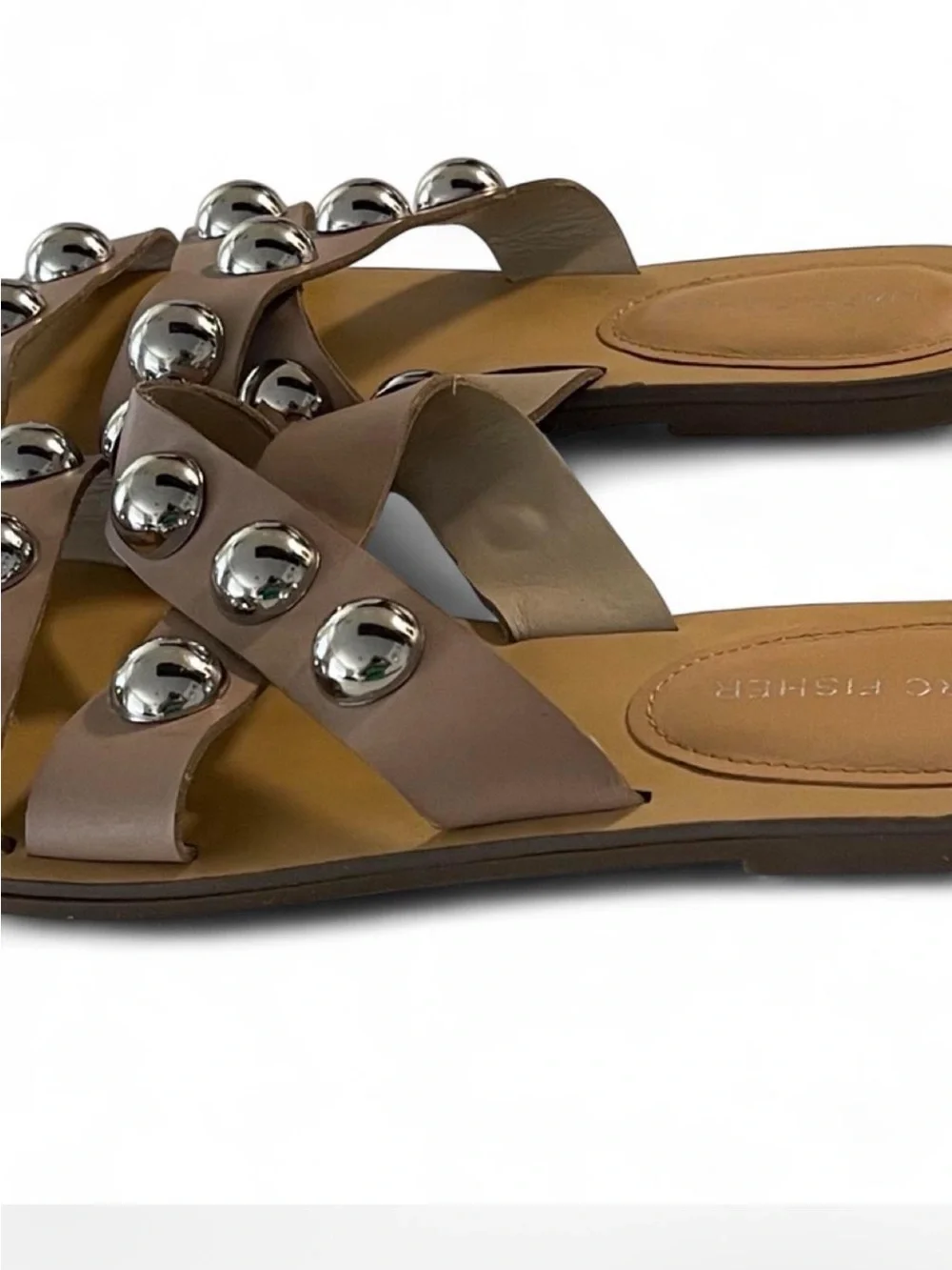 Marc Fisher Taupe Leather Slide Sandals with Silver Studs